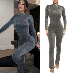 Naked Wardrobe Sparkling Silver Jumpsuit